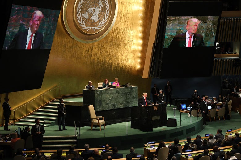 Trump speaks at the central podium of the U.N. General Assembly Hall.